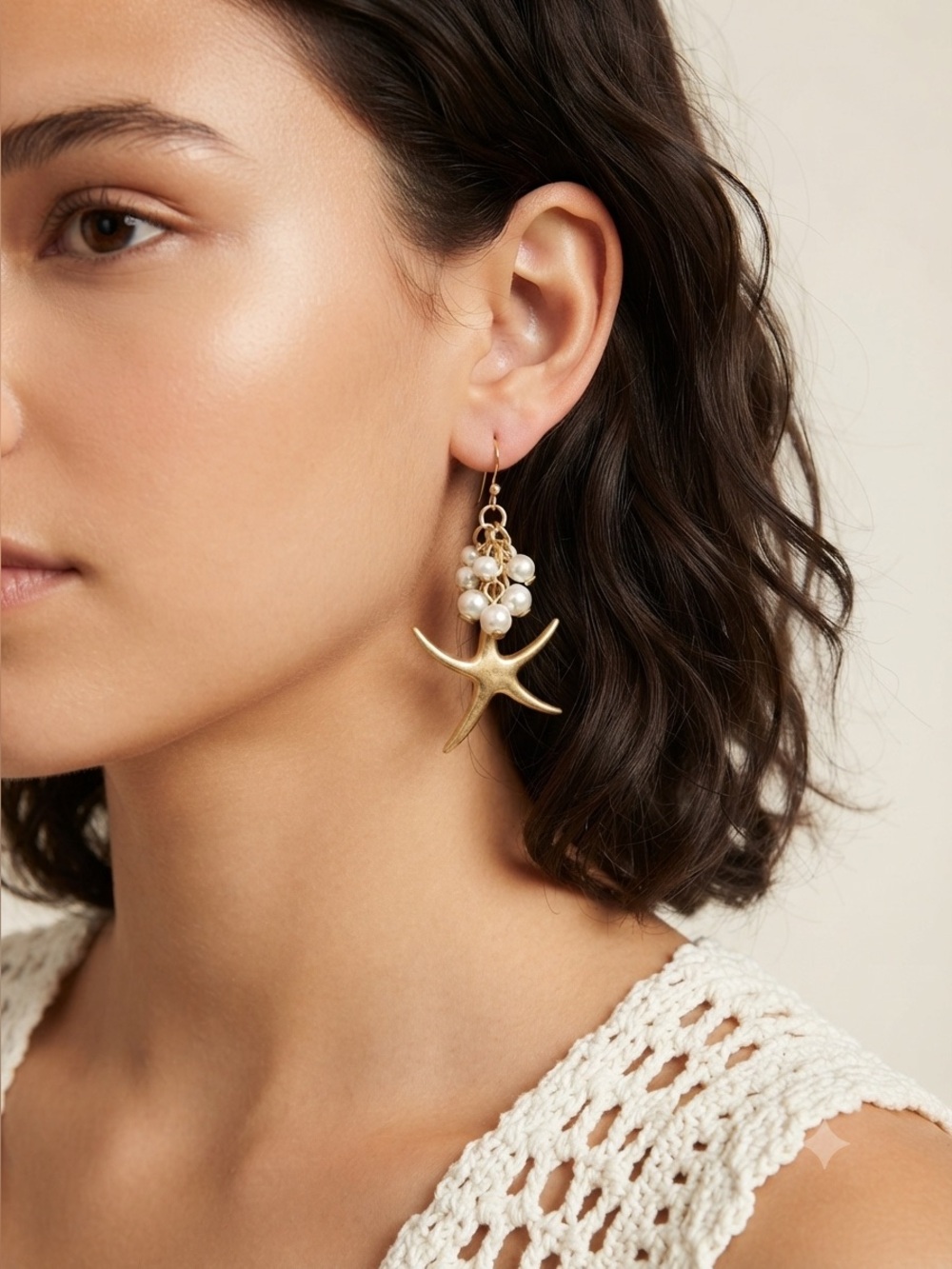 Gold Starfish Drop Earrings with Pearl Cluster - Women Jewelry